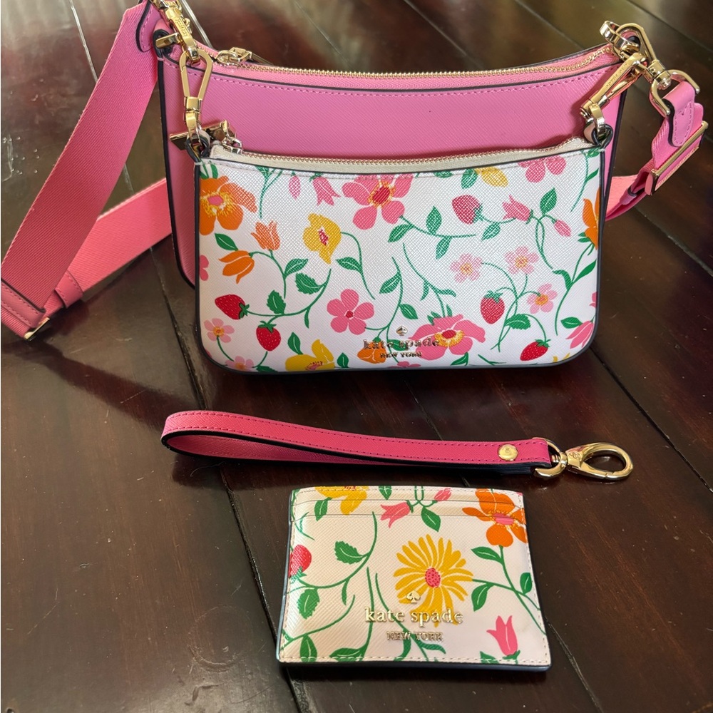 KATE SPADE Strawberry Garden Pink  Duo Crossbody Bag/Purses and card holder